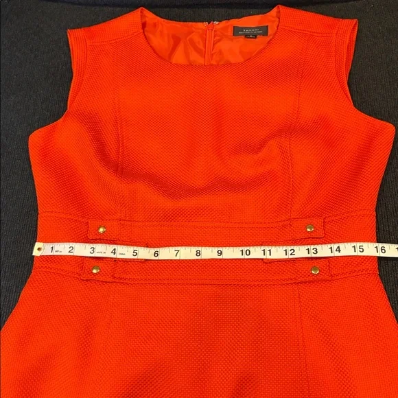 Structured Dark Orange Midi Sheath Dress with Gold Button Waist Detail-Size 8 - Picture 11 of 15